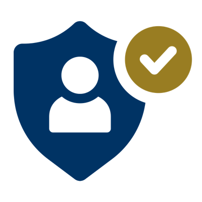 checkmark in circle overlapping top corner of shield with person inside
